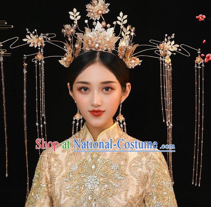 Chinese Ancient Bride Deluxe Golden Leaf Phoenix Coronet Tassel Hairpins Traditional Wedding Xiu He Hair Accessories Complete Set for Women