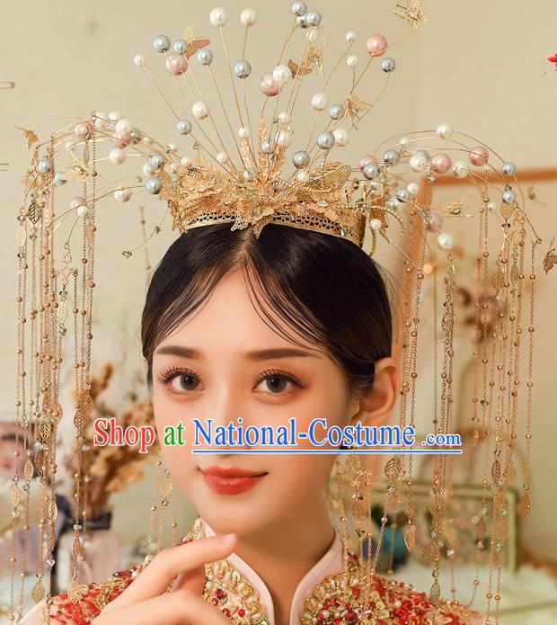 Chinese Ancient Bride Beads Phoenix Coronet Tassel Hairpins Traditional Wedding Xiu He Hair Accessories Complete Set for Women