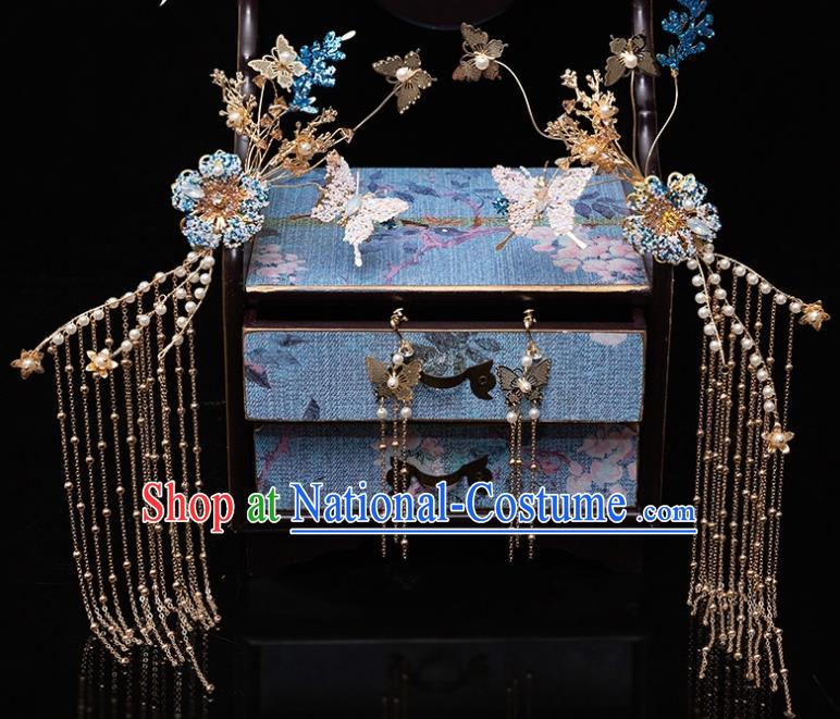 Chinese Ancient Bride Blue Crystal Tassel Hairpins Traditional Wedding Xiu He Hair Accessories Complete Set for Women