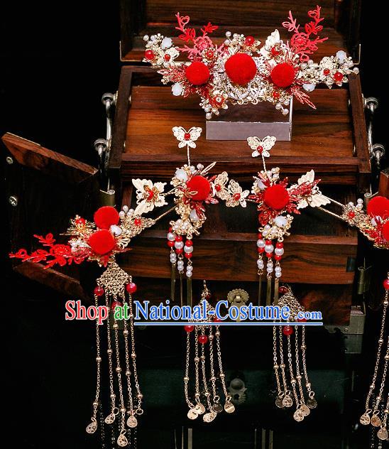 Chinese Ancient Bride Red Venonat Hair Crown Tassel Hairpins Traditional Wedding Xiu He Hair Accessories Complete Set for Women