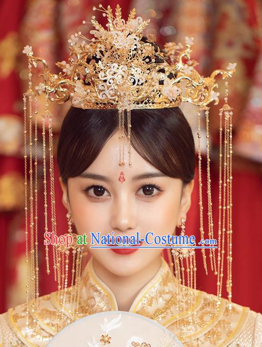 Chinese Ancient Bride Shell Phoenix Coronet Tassel Hairpins Traditional Wedding Xiu He Hair Accessories Complete Set for Women