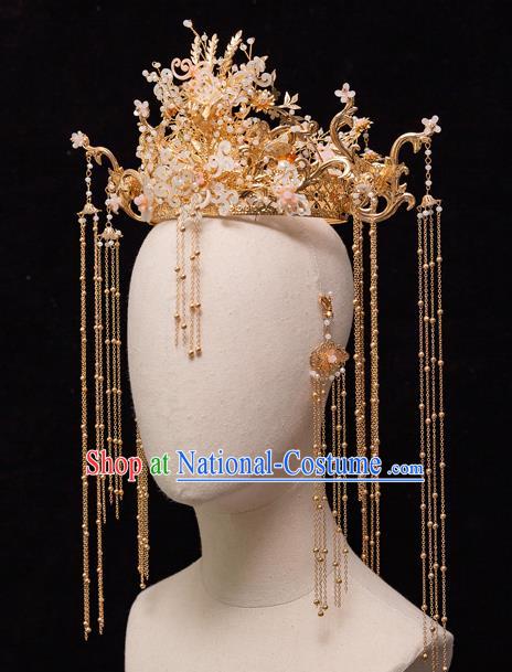 Chinese Ancient Bride Shell Phoenix Coronet Tassel Hairpins Traditional Wedding Xiu He Hair Accessories Complete Set for Women