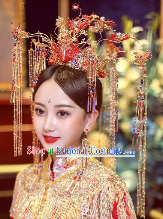 Chinese Ancient Bride Red Phoenix Coronet Tassel Hairpins Traditional Wedding Xiu He Hair Accessories Complete Set for Women