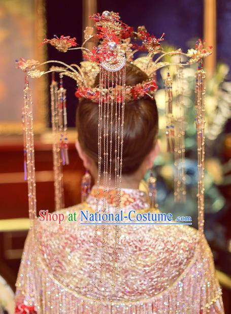 Chinese Ancient Bride Red Phoenix Coronet Tassel Hairpins Traditional Wedding Xiu He Hair Accessories Complete Set for Women