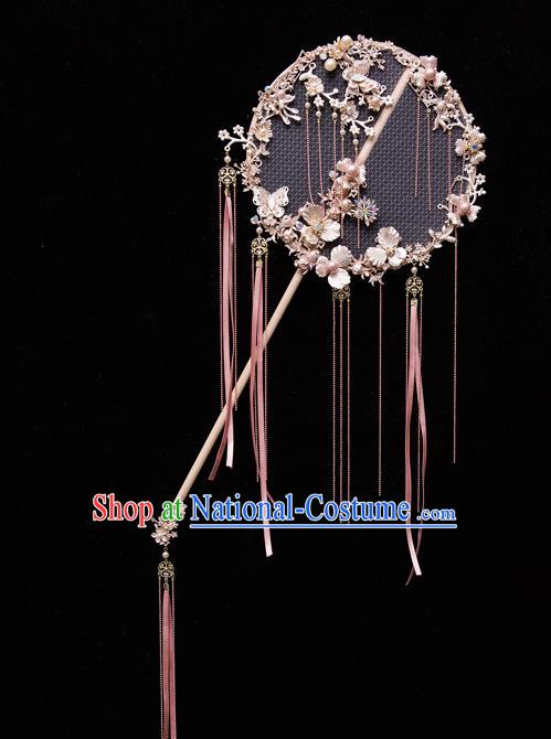 Chinese Ancient Bride Prop Pink Ribbon Silk Palace Fans Traditional Wedding Xiu He Accessories Round Fan for Women