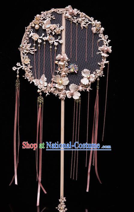 Chinese Ancient Bride Prop Pink Ribbon Silk Palace Fans Traditional Wedding Xiu He Accessories Round Fan for Women