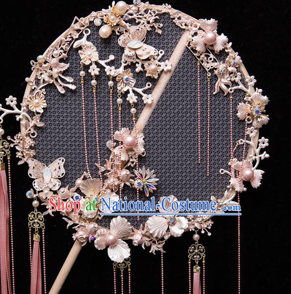 Chinese Ancient Bride Prop Pink Ribbon Silk Palace Fans Traditional Wedding Xiu He Accessories Round Fan for Women