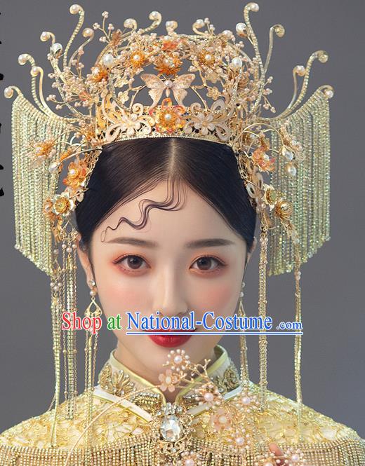 Chinese Ancient Bride Golden Flowers Phoenix Coronet Tassel Hairpins Traditional Wedding Xiu He Hair Accessories Complete Set for Women