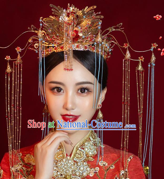 Chinese Ancient Bride Luxury Phoenix Coronet Tassel Hairpins Traditional Wedding Xiu He Hair Accessories Complete Set for Women