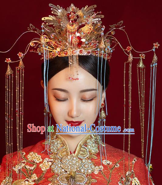 Chinese Ancient Bride Luxury Phoenix Coronet Tassel Hairpins Traditional Wedding Xiu He Hair Accessories Complete Set for Women