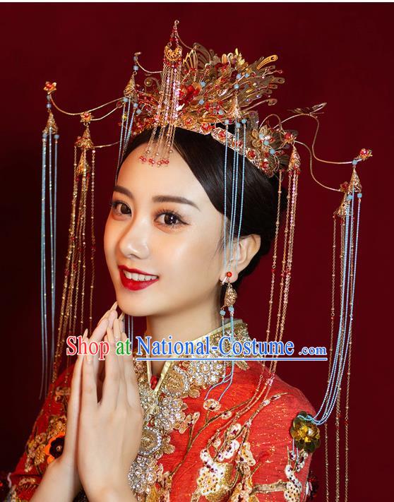 Chinese Ancient Bride Luxury Phoenix Coronet Tassel Hairpins Traditional Wedding Xiu He Hair Accessories Complete Set for Women