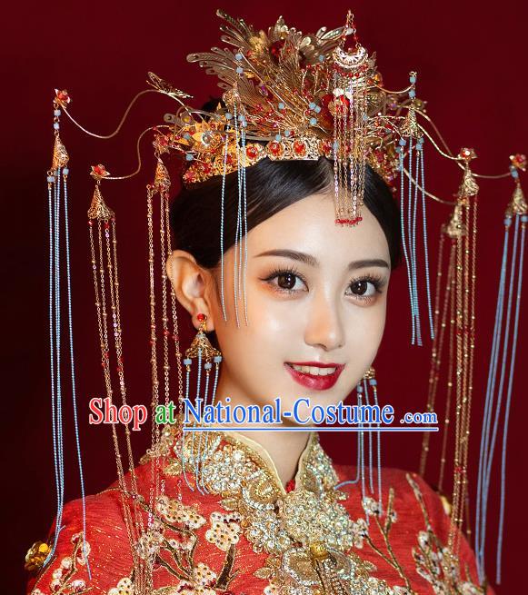 Chinese Ancient Bride Luxury Phoenix Coronet Tassel Hairpins Traditional Wedding Xiu He Hair Accessories Complete Set for Women