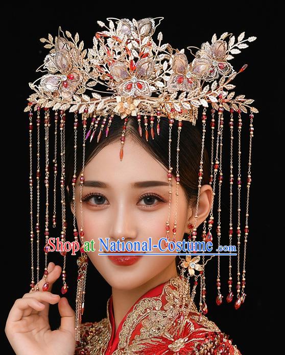 Chinese Ancient Bride Silk Butterfly Phoenix Coronet Tassel Hairpins Traditional Wedding Xiu He Hair Accessories Complete Set for Women