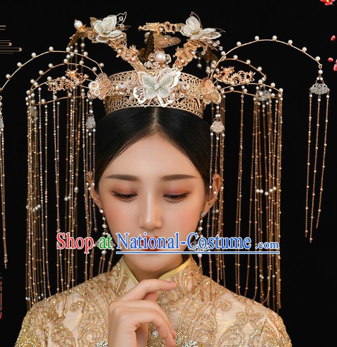 Chinese Ancient Bride Green Butterfly Phoenix Coronet Tassel Hairpins Traditional Wedding Xiu He Hair Accessories Complete Set for Women