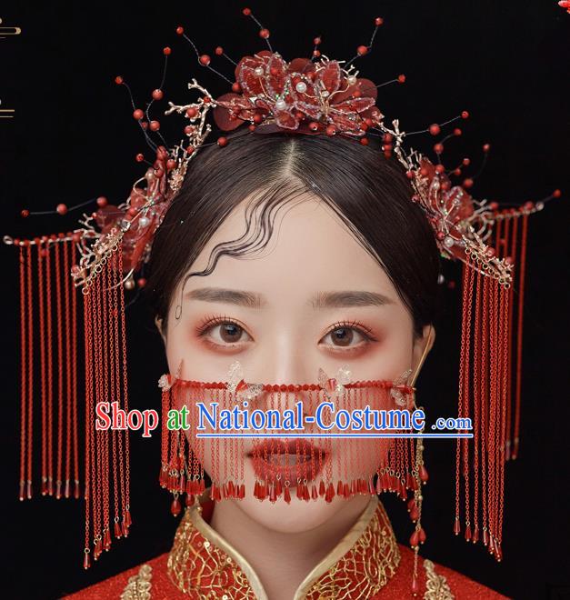 Chinese Ancient Bride Red Silk Hair Comb Tassel Hairpins Traditional Wedding Xiu He Hair Accessories Complete Set for Women