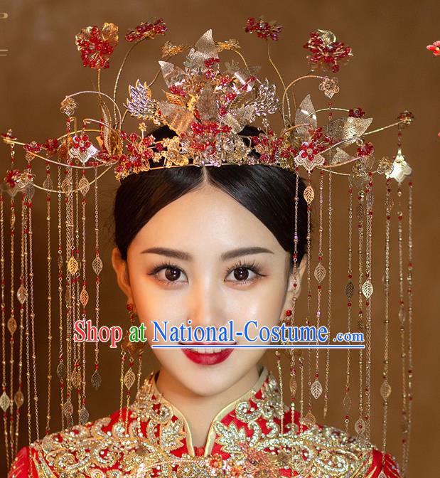 Chinese Ancient Bride Red Beads Phoenix Coronet Tassel Hairpins Traditional Wedding Xiu He Hair Accessories Complete Set for Women