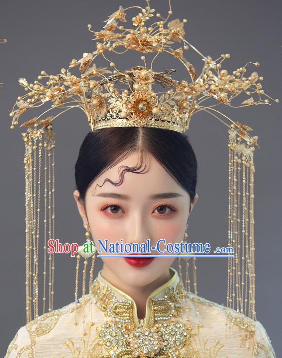 Chinese Ancient Bride Golden Beads Phoenix Coronet Tassel Hairpins Traditional Wedding Xiu He Hair Accessories Complete Set for Women