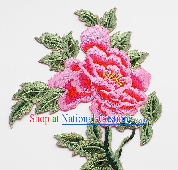 Chinese Traditional Embroidery Pink Rich Peony Applique Embroidered Patches Embroidering Cloth Accessories