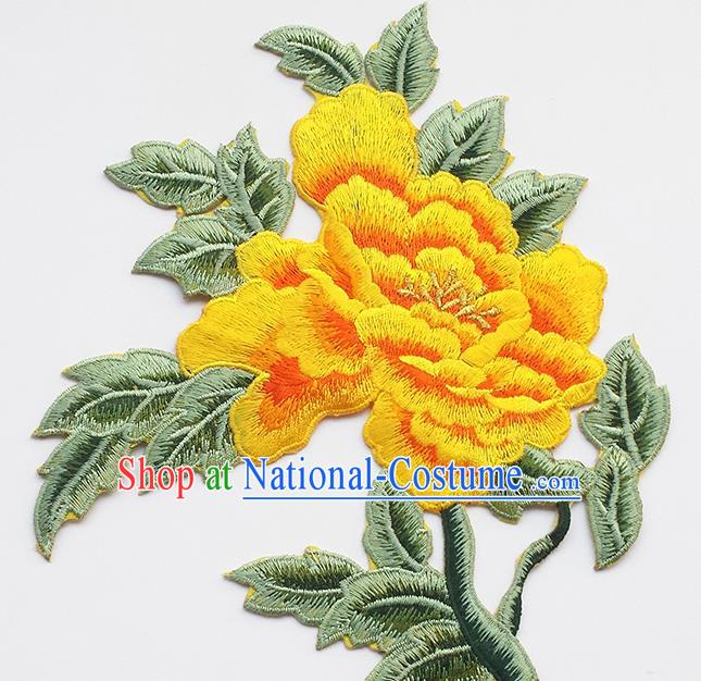 Chinese Traditional Embroidery Yellow Rich Peony Applique Embroidered Patches Embroidering Cloth Accessories