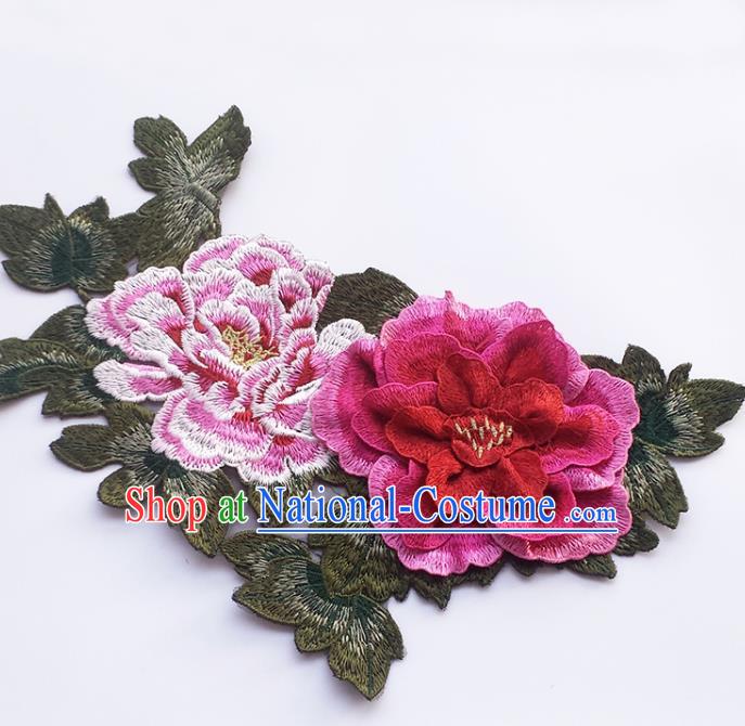 Traditional Chinese Embroidery Rosy Stereo Peony Applique Embroidered Patches Embroidering Cloth Accessories