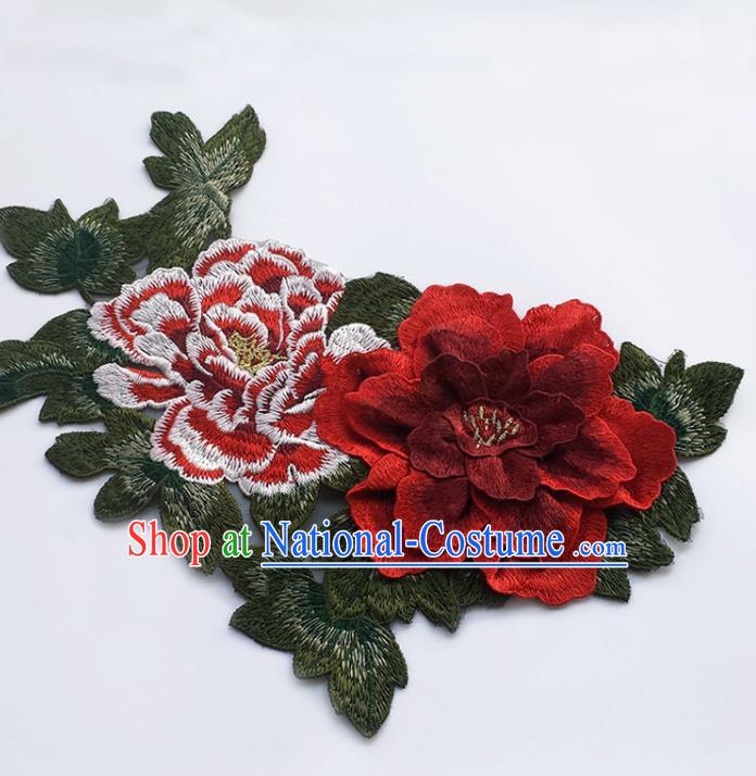 Traditional Chinese Embroidery Red Stereo Peony Applique Embroidered Patches Embroidering Cloth Accessories