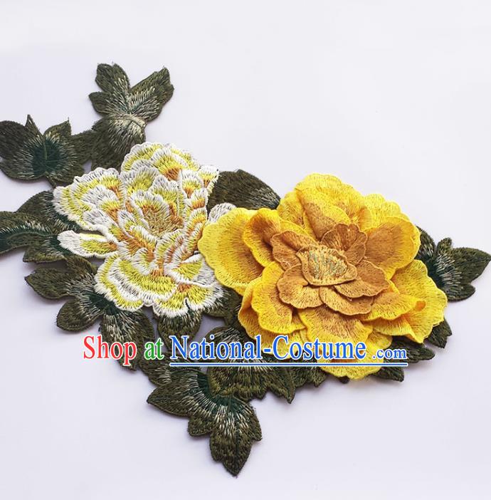 Traditional Chinese Embroidery Yellow Stereo Peony Applique Embroidered Patches Embroidering Cloth Accessories