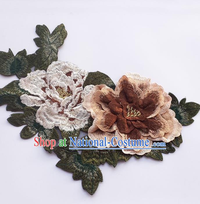 Traditional Chinese Embroidery Brown Stereo Peony Applique Embroidered Patches Embroidering Cloth Accessories