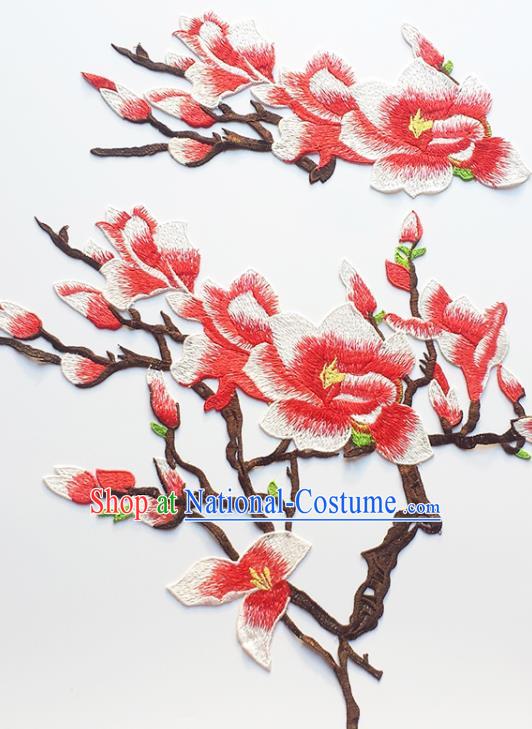 Traditional Chinese Embroidery Red Mangnolia Applique Embroidered Patches Embroidering Cloth Accessories