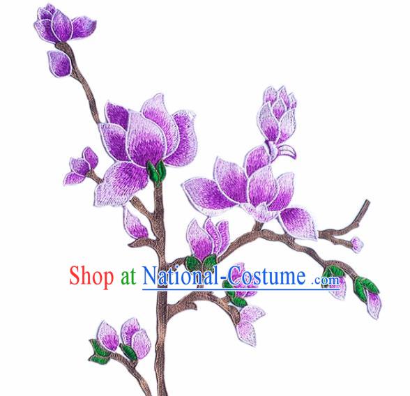 Traditional Chinese Embroidery Purple Mangnolia Applique Embroidered Patches Embroidering Cloth Accessories