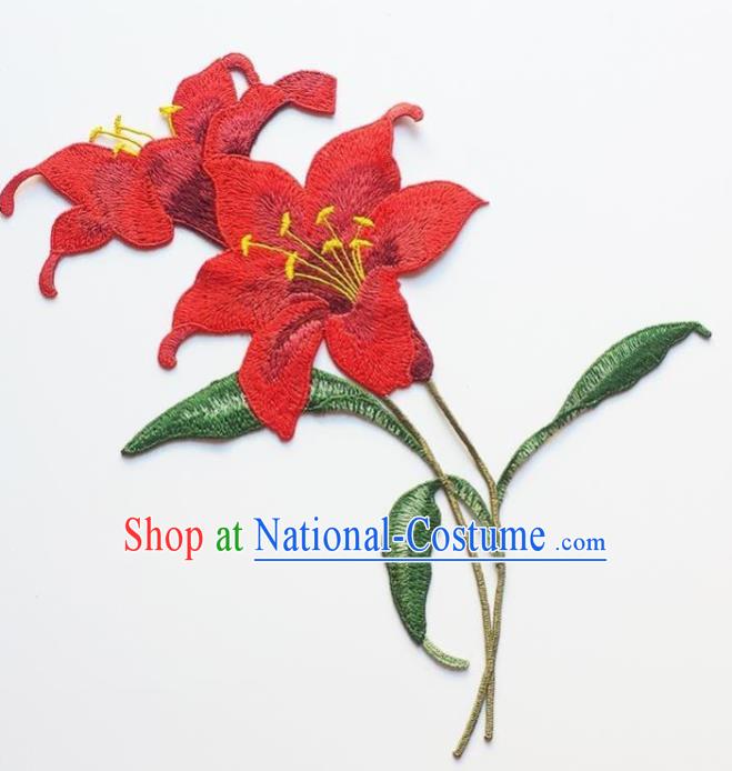 Traditional Chinese Embroidery Red Lily Flower Applique Embroidered Patches Embroidering Cloth Accessories