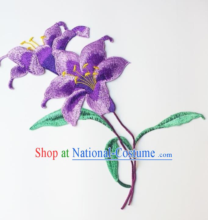 Traditional Chinese Embroidery Purple Lily Flower Applique Embroidered Patches Embroidering Cloth Accessories