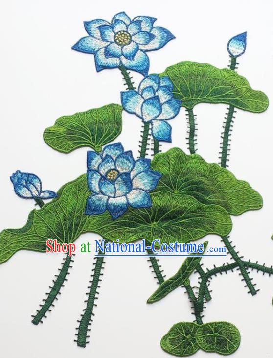 Traditional Chinese Embroidery Blue Lotus Applique Embroidered Patches Embroidering Cloth Accessories