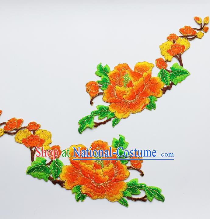 Traditional Chinese National Embroidery Orange Peony Applique Embroidered Patches Embroidering Cloth Accessories