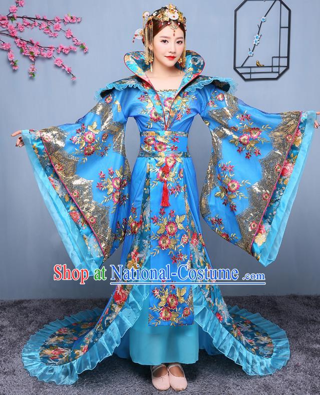 Chinese Ancient Tang Dynasty Imperial Consort Blue Dress Traditional Hanfu Goddess Classical Dance Costumes for Women