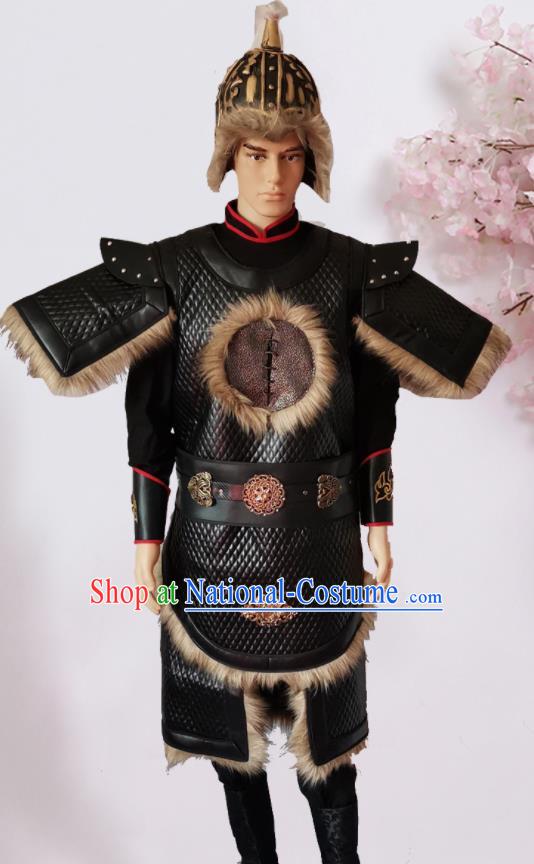 Chinese Ancient Yuan Dynasty General Body Armour Traditional Ancient Soldier Costumes and Hat for Men