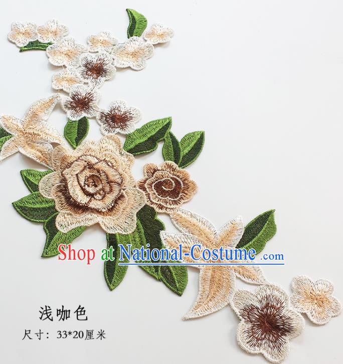 Traditional Chinese National Embroidery Stereo Light Brown Flowers Applique Embroidered Patches Embroidering Cloth Accessories