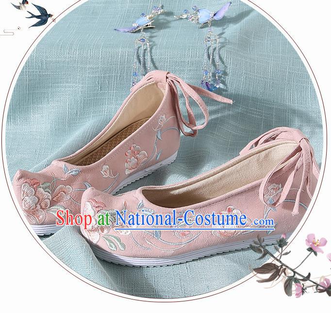 Chinese Handmade Embroidered Flowers Pink Cloth Bow Shoes Traditional Ming Dynasty Hanfu Shoes Princess Shoes for Women