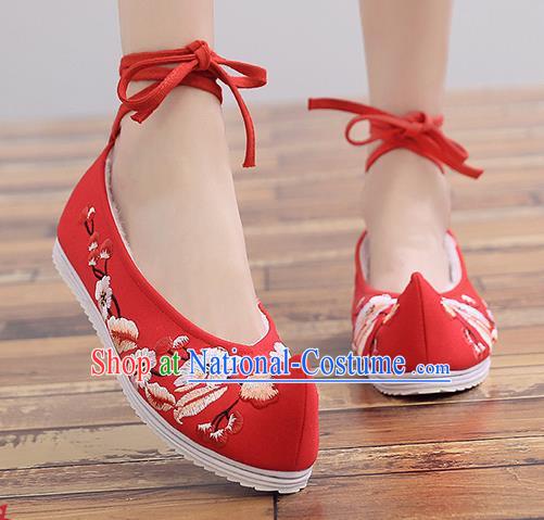 Chinese Handmade Embroidered Plum Red Cloth Shoes Traditional Hanfu Shoes National Shoes for Women