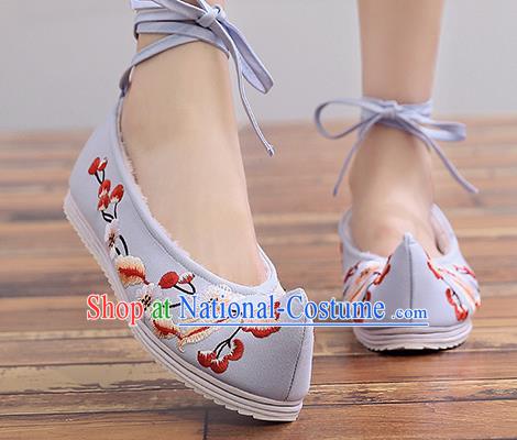 Chinese Handmade Embroidered Plum Light Blue Cloth Shoes Traditional Hanfu Shoes National Shoes for Women