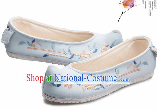 Chinese Handmade Opera Embroidered Blue Bow Shoes Traditional Hanfu Shoes National Shoes for Women