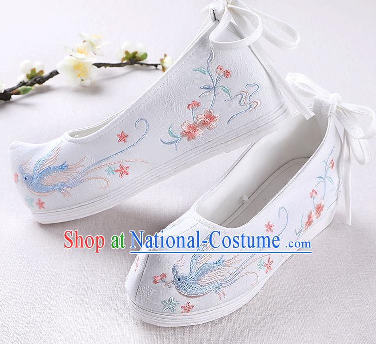 Chinese Handmade Opera Embroidered Bird White Shoes Traditional Hanfu Shoes National Shoes for Women