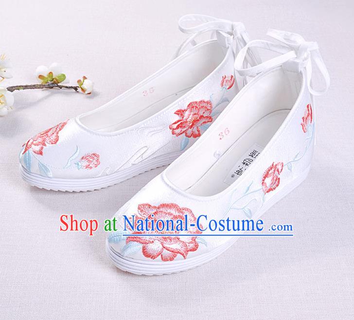 Chinese Handmade Opera Embroidered Peony White Shoes Traditional Hanfu Shoes National Shoes for Women