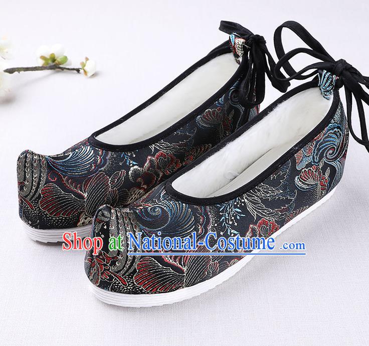 Chinese Handmade Opera Winter Black Satin Shoes Traditional Hanfu Shoes National Shoes for Women