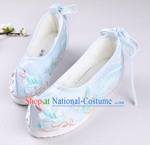 Chinese Handmade Opera Embroidered Phoenix Flower Blue Shoes Traditional Hanfu Shoes National Shoes for Women