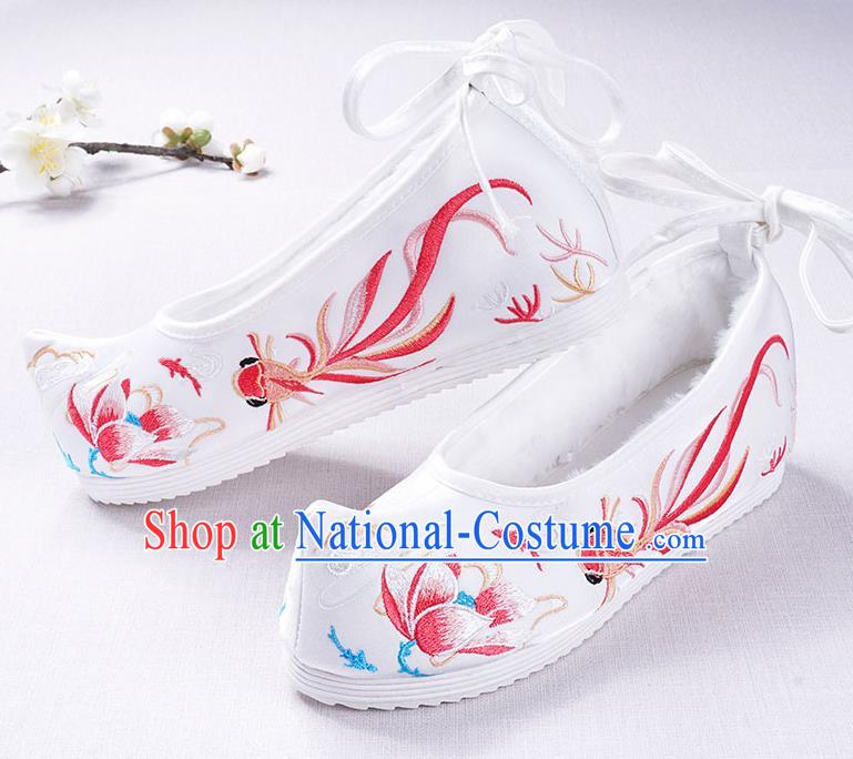 Chinese Handmade Opera Winter Embroidered Goldfish Lotus White Shoes Traditional Hanfu Shoes National Shoes for Women