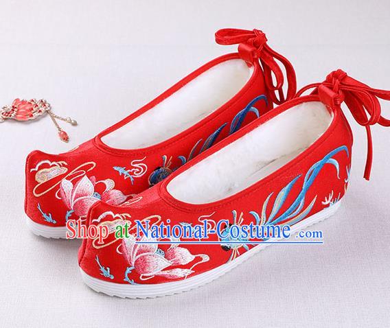 Chinese Handmade Opera Winter Embroidered Goldfish Lotus Red Shoes Traditional Hanfu Shoes National Shoes for Women