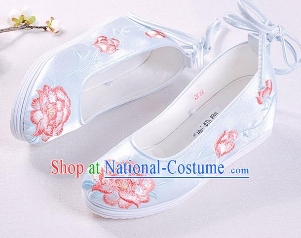 Chinese Handmade Opera Embroidered Peony Light Blue Shoes Traditional Hanfu Shoes National Shoes for Women