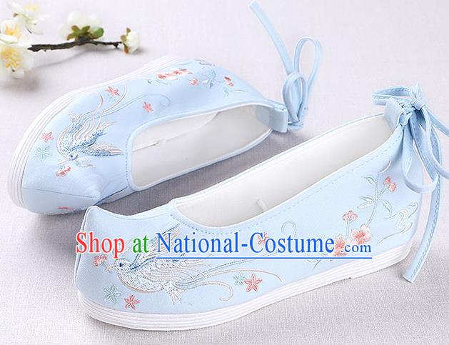 Chinese Handmade Opera Embroidered Pentas Bird Blue Shoes Traditional Hanfu Shoes National Shoes for Women