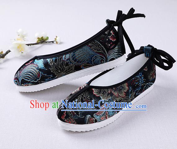 Chinese Handmade Opera Embroidered Black Brocade Shoes Traditional Hanfu Shoes National Shoes for Women