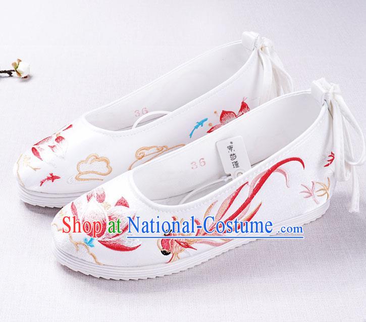 Chinese Handmade Opera Embroidered Lotus Goldfish White Shoes Traditional Hanfu Shoes National Shoes for Women